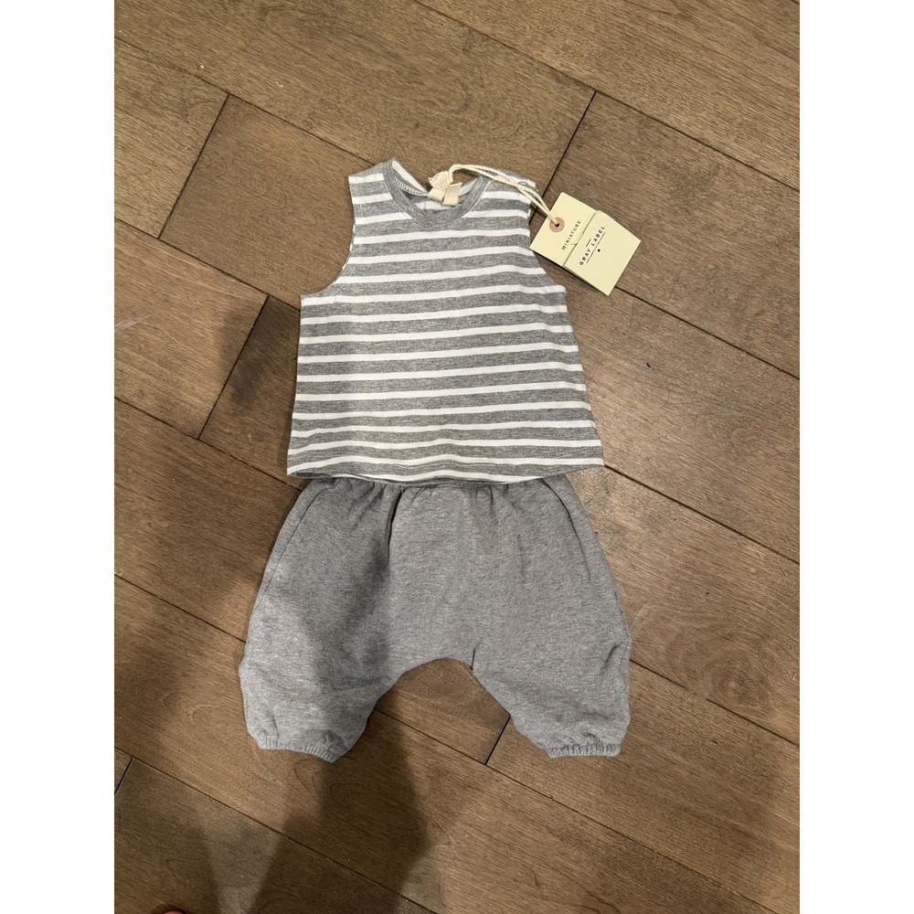 Gray Label Organic Baby Outfit Set 0-3 Months Tank Top Pants Grey‎ Striped NWT